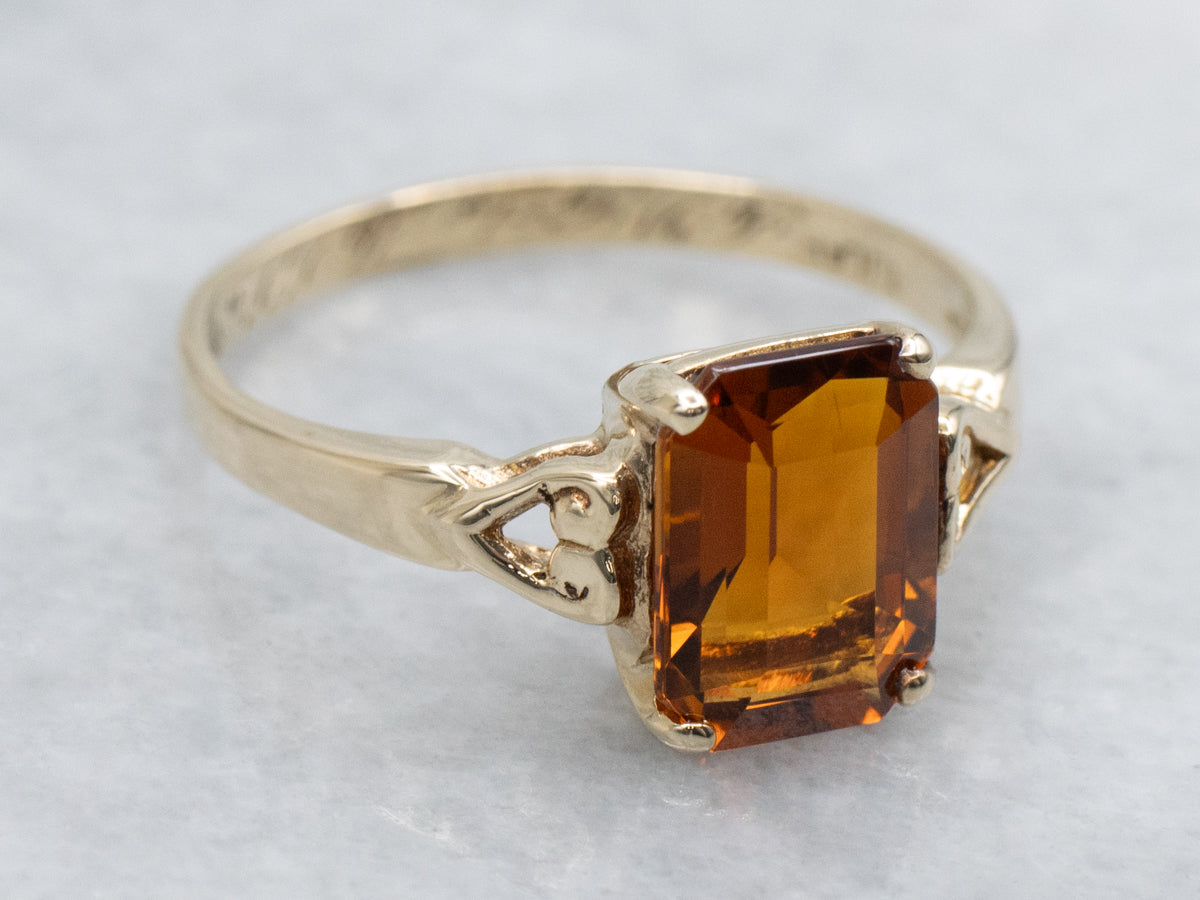 Citrine and Gold Vintage Solitaire Ring with Heart Shoulders