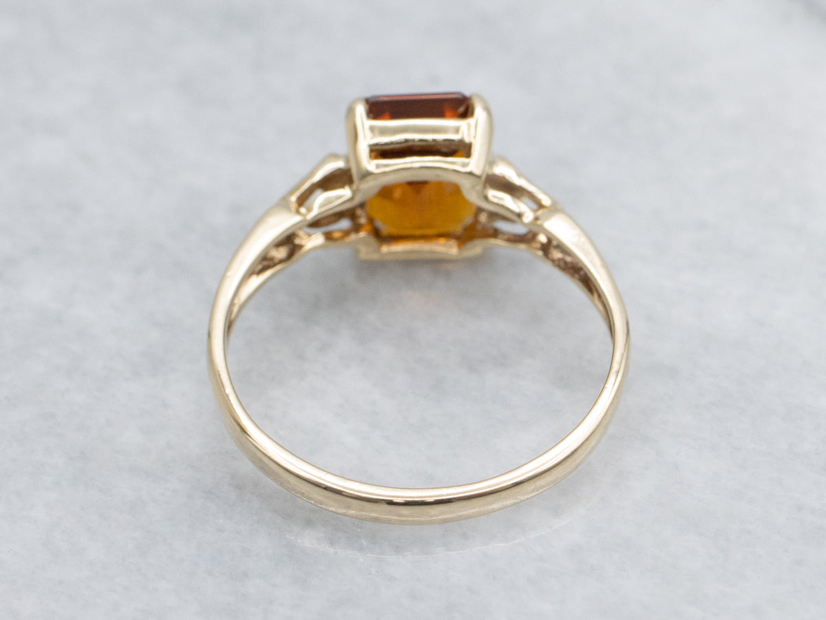 Citrine and Gold Vintage Solitaire Ring with Heart Shoulders
