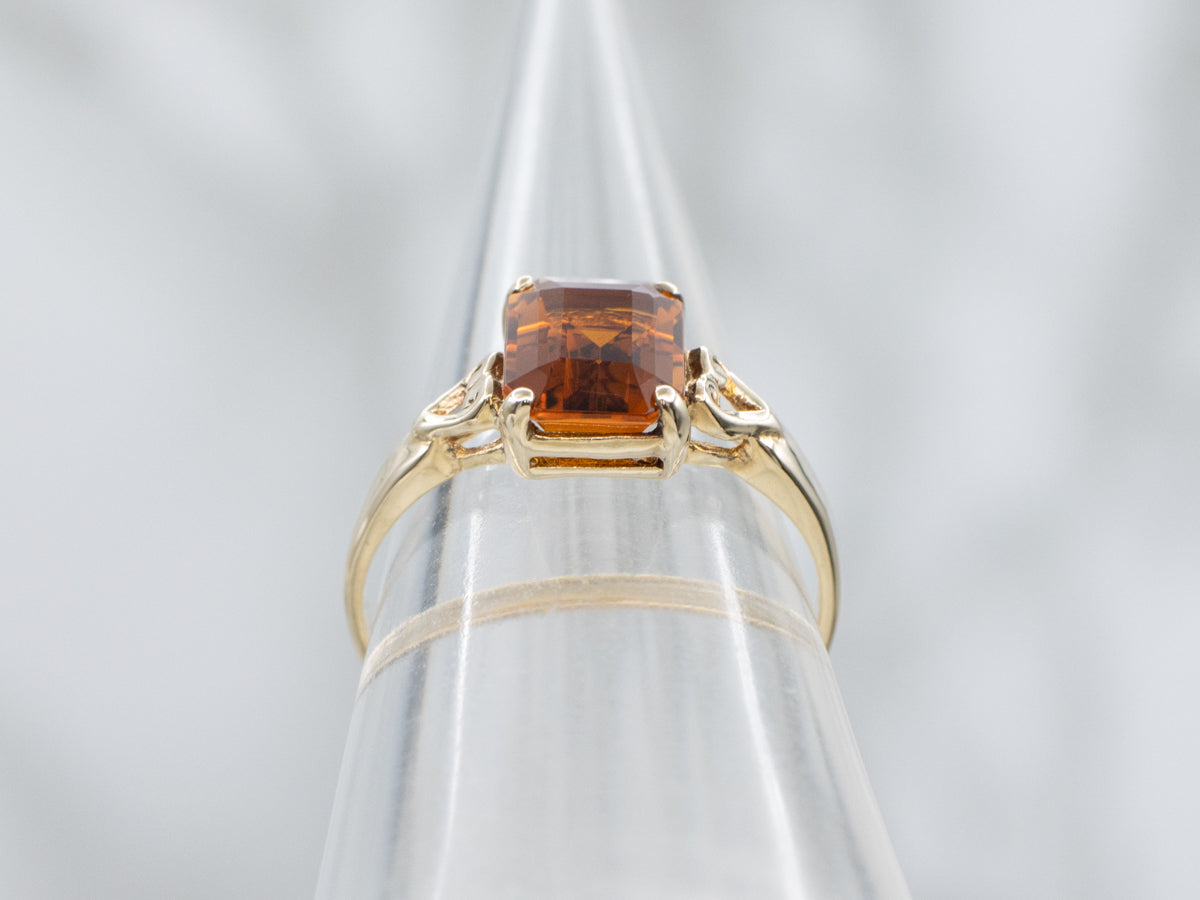 Citrine and Gold Vintage Solitaire Ring with Heart Shoulders