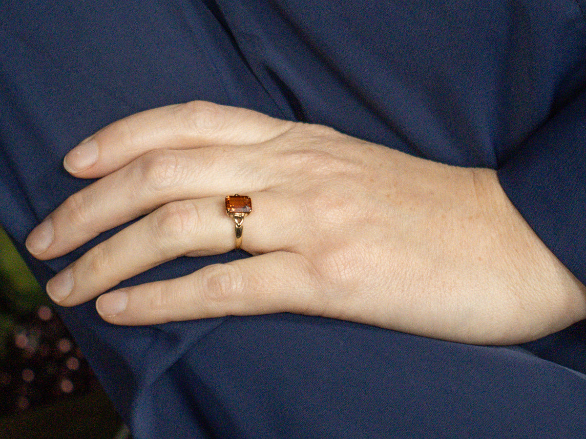 Citrine and Gold Vintage Solitaire Ring with Heart Shoulders