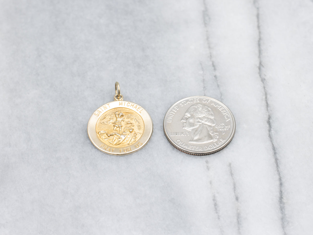 Saint Michael "Pray For Us" Yellow Gold Religious Pendant