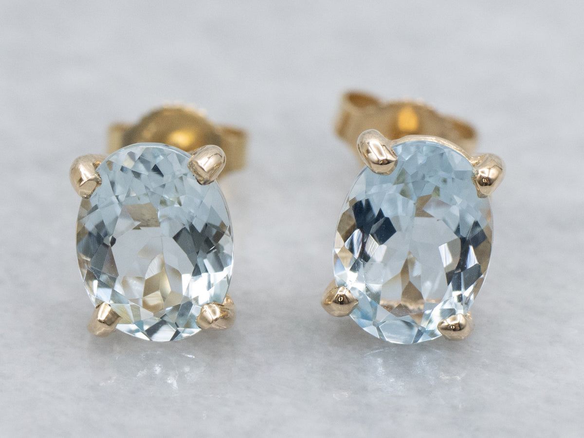 Icy Blue Aquamarine and Gold Stud Earrings