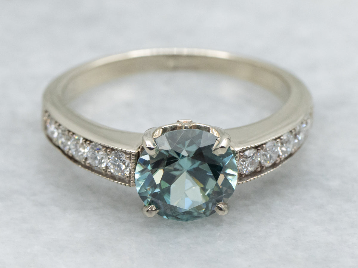 Beautiful Blue Zircon and Diamond Ring in White Gold
