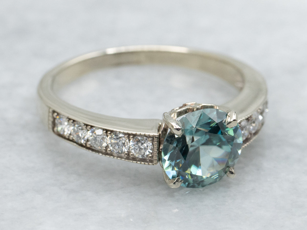 Beautiful Blue Zircon and Diamond Ring in White Gold