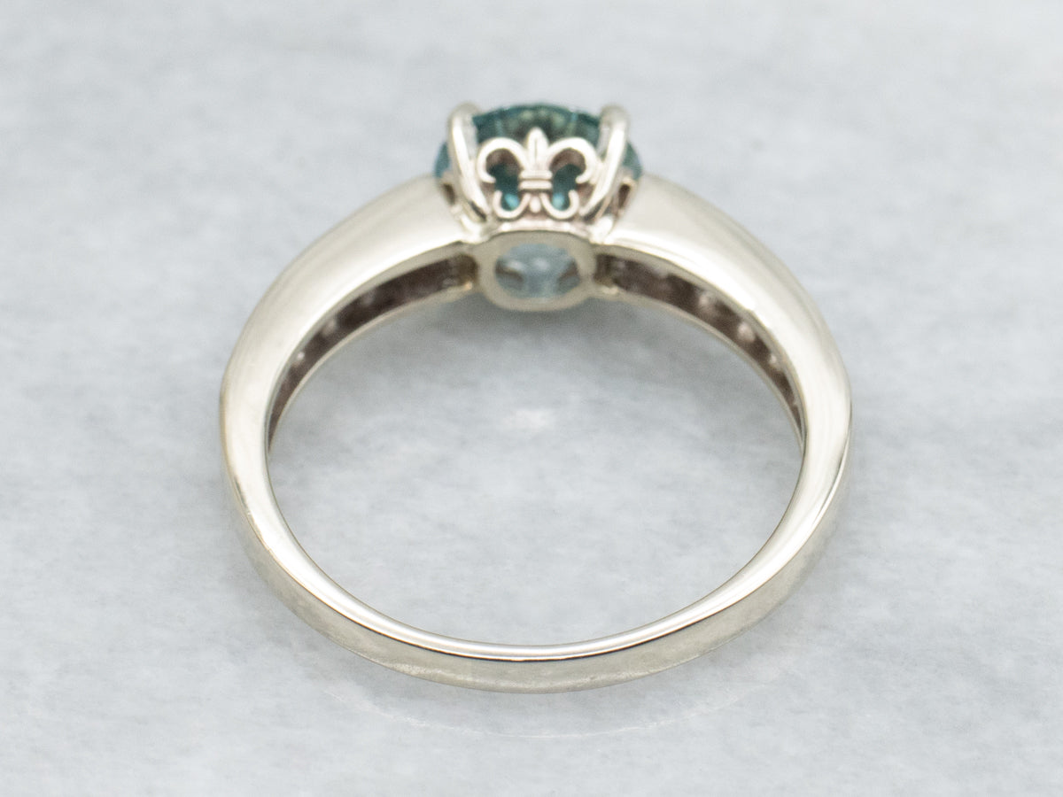 Beautiful Blue Zircon and Diamond Ring in White Gold