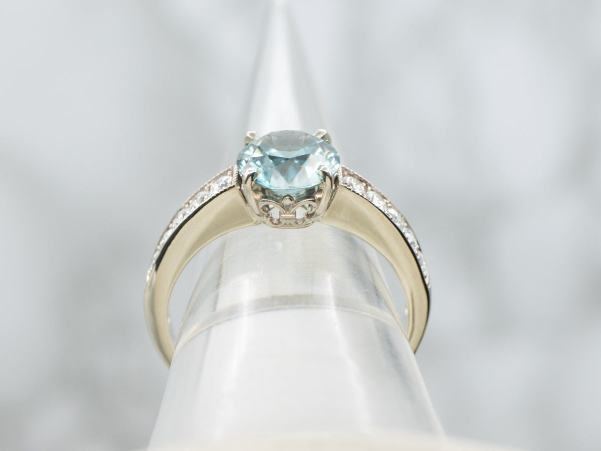 Beautiful Blue Zircon and Diamond Ring in White Gold