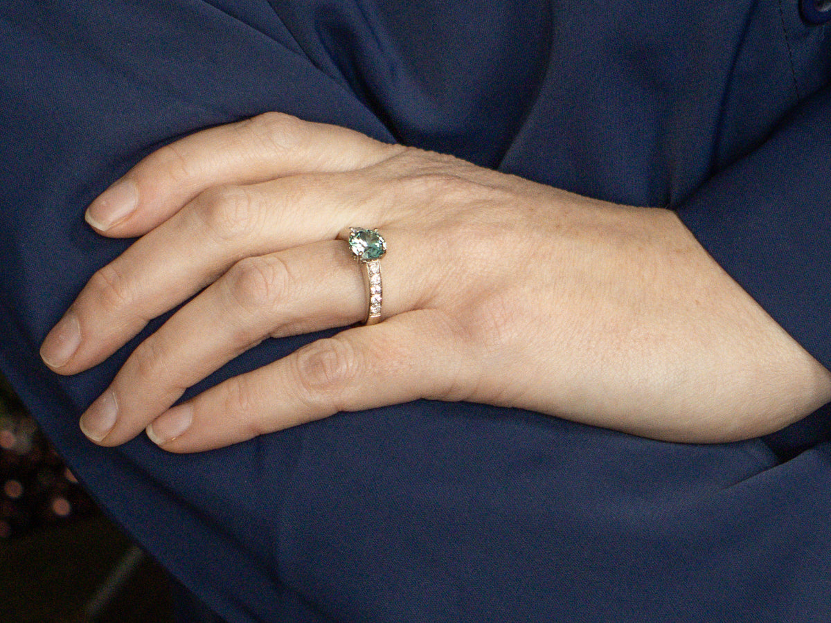 Beautiful Blue Zircon and Diamond Ring in White Gold