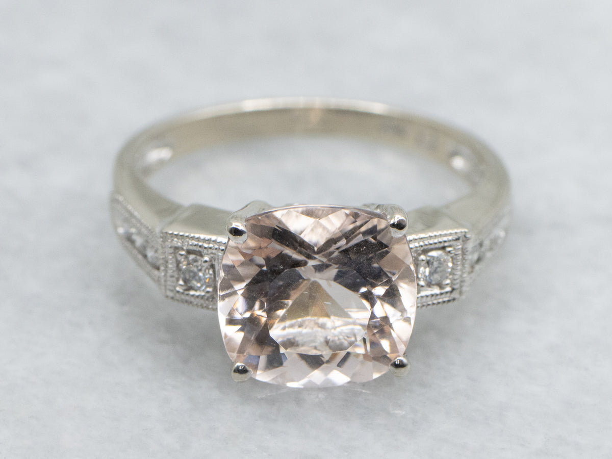 Cushion-Cut Morganite and Diamond Vintage White Gold Ring