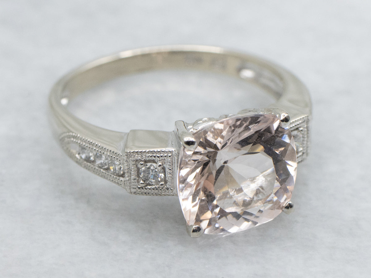 Cushion-Cut Morganite and Diamond Vintage White Gold Ring