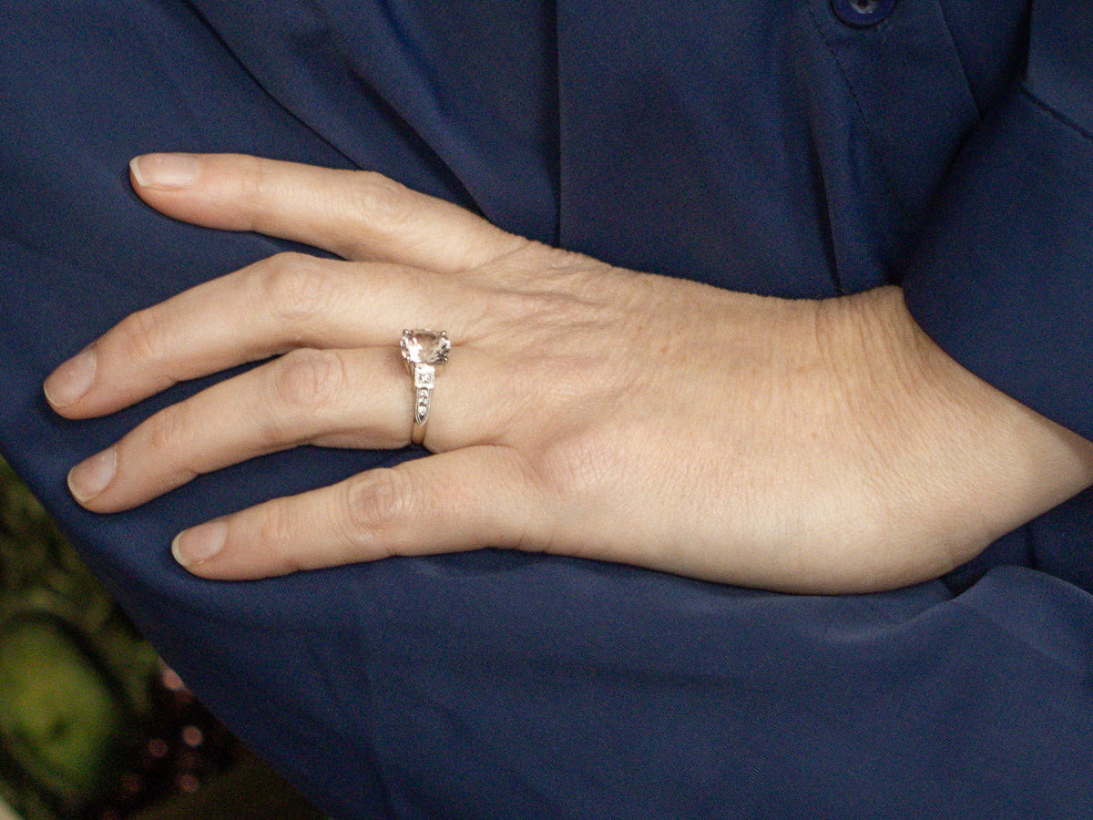 Cushion-Cut Morganite and Diamond Vintage White Gold Ring