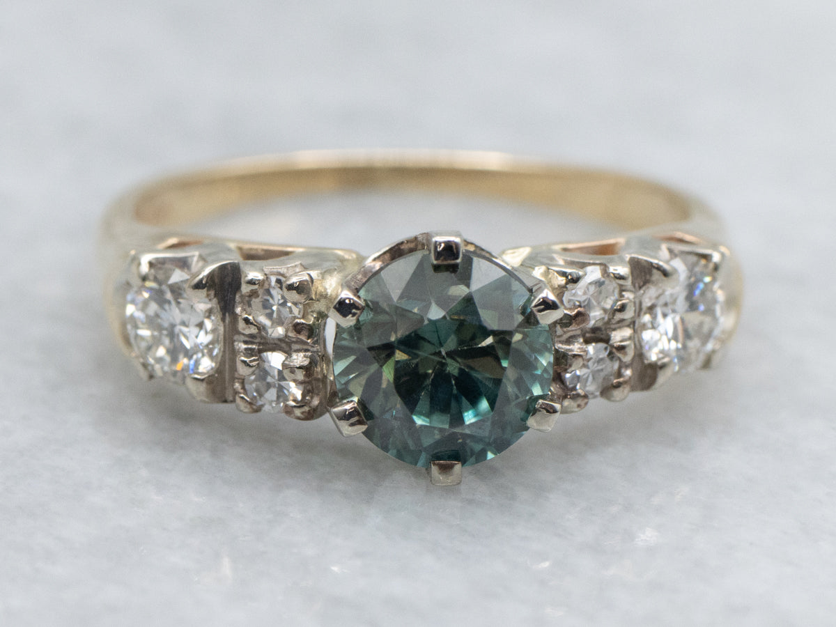 Teal Green Zircon and Diamond in Vintage Two-Tone Gold Setting