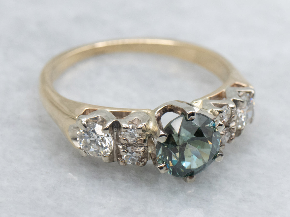 Teal Green Zircon and Diamond in Vintage Two-Tone Gold Setting
