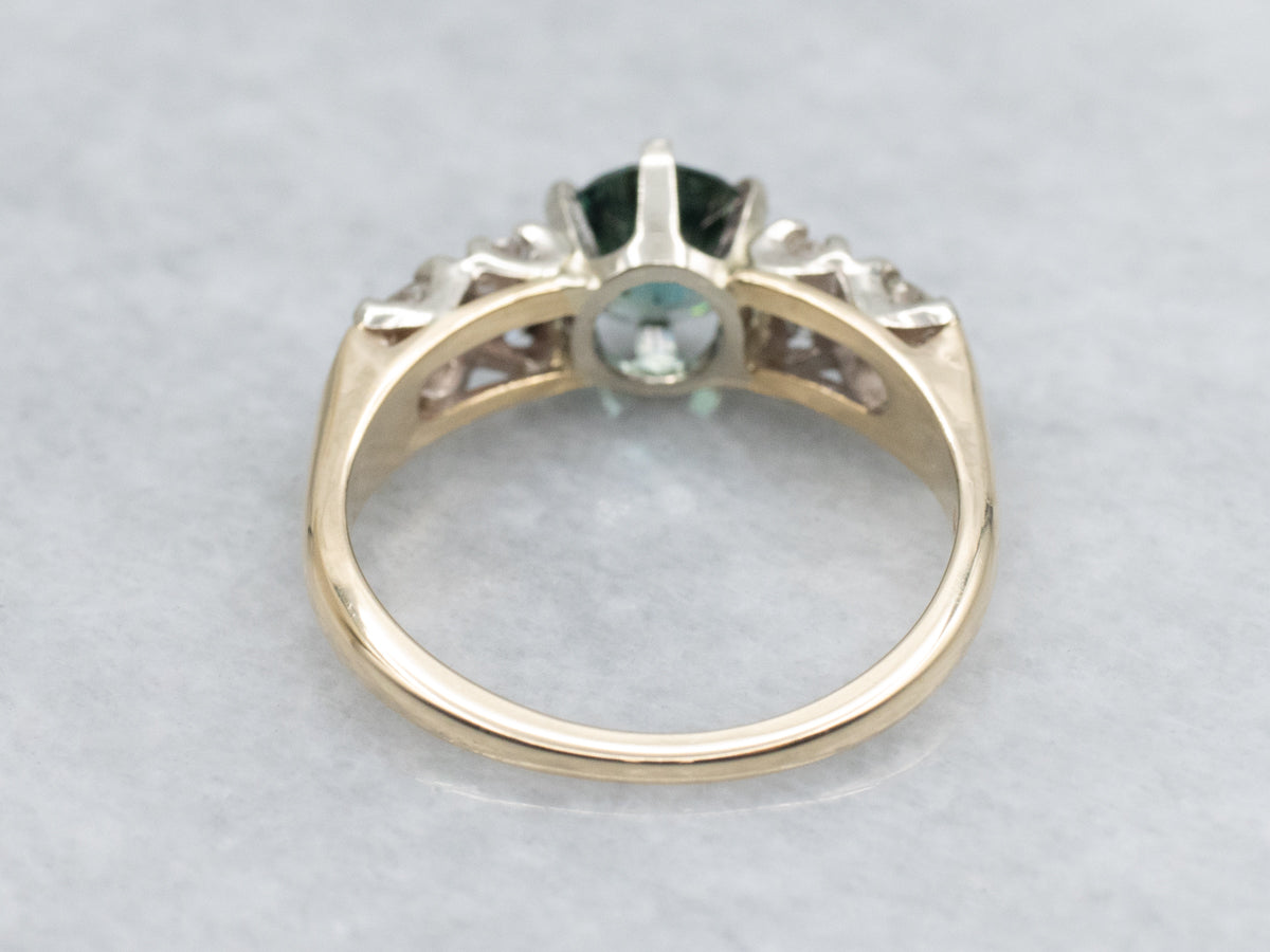 Teal Green Zircon and Diamond in Vintage Two-Tone Gold Setting