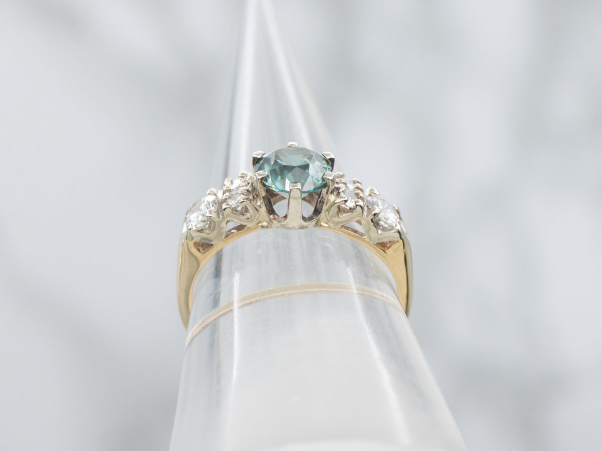 Teal Green Zircon and Diamond in Vintage Two-Tone Gold Setting