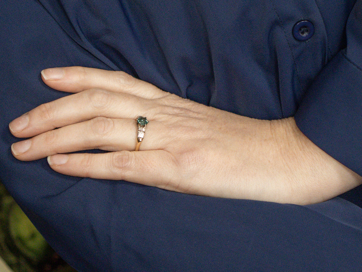 Teal Green Zircon and Diamond in Vintage Two-Tone Gold Setting