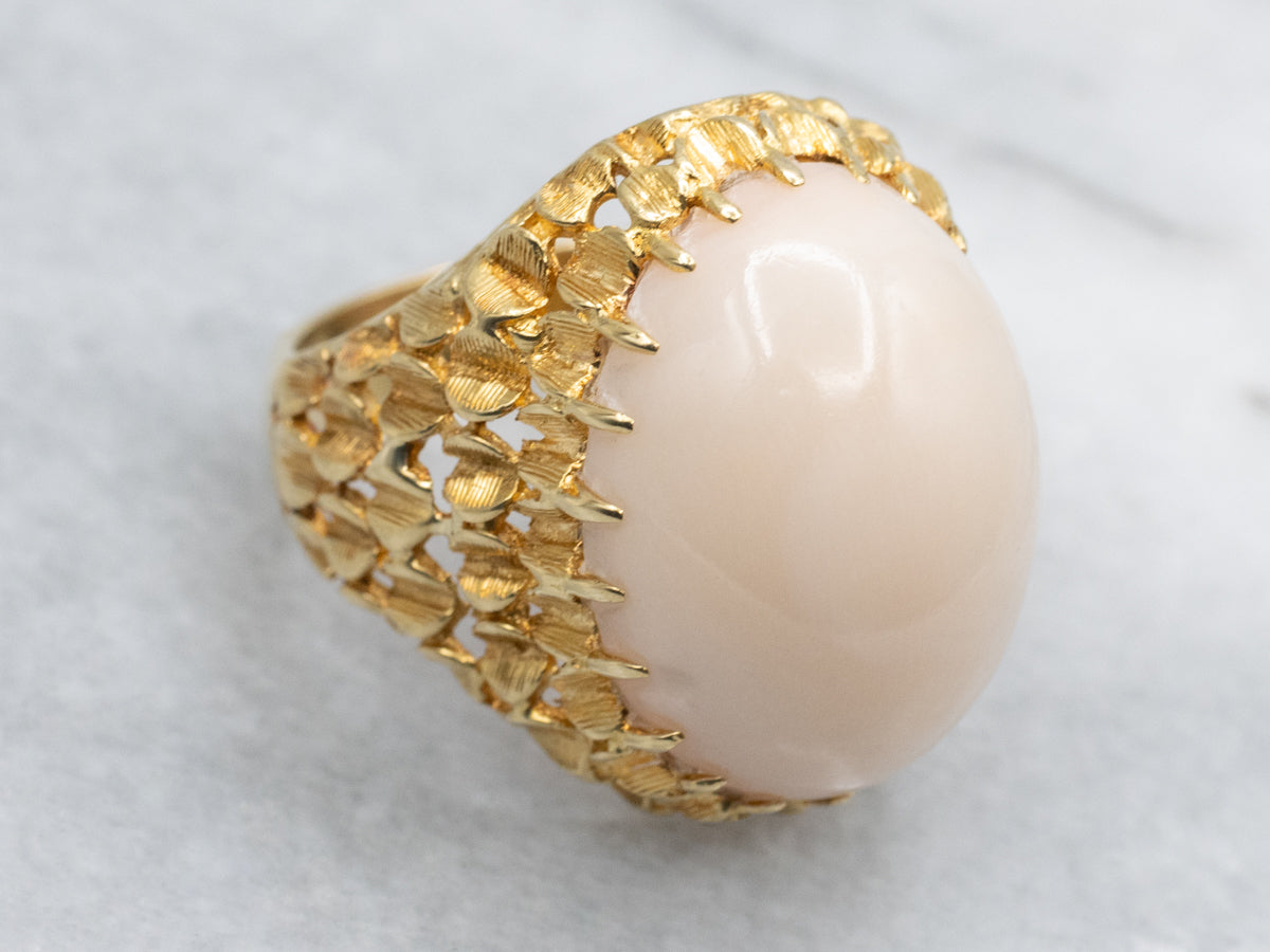 Bold 18-Karat Gold Pink Coral Cabochon Statement Ring