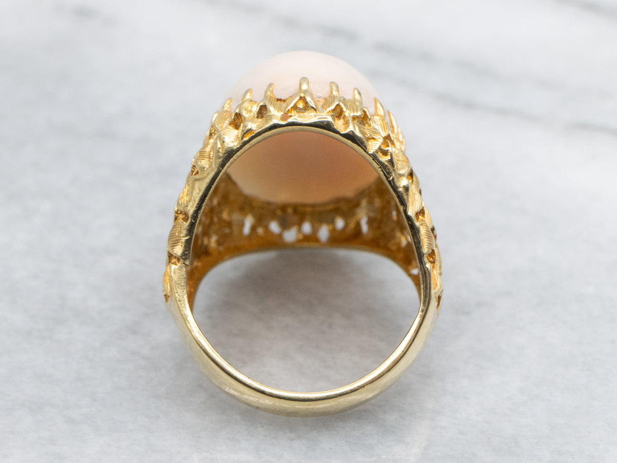 Bold 18-Karat Gold Pink Coral Cabochon Statement Ring