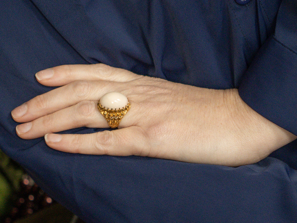 Bold 18-Karat Gold Pink Coral Cabochon Statement Ring