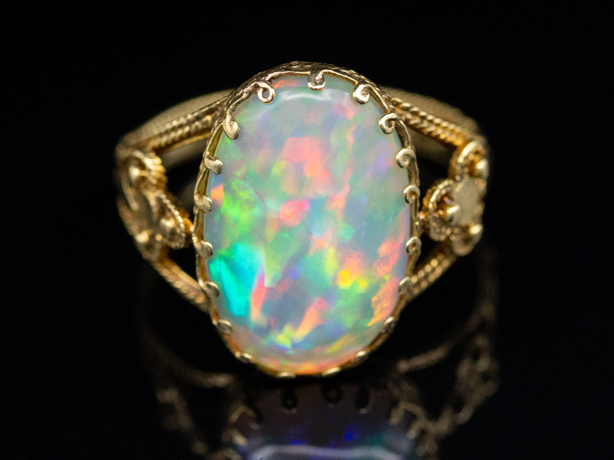 Vintage Opal Yellow Gold Split Shank Solitaire Ring