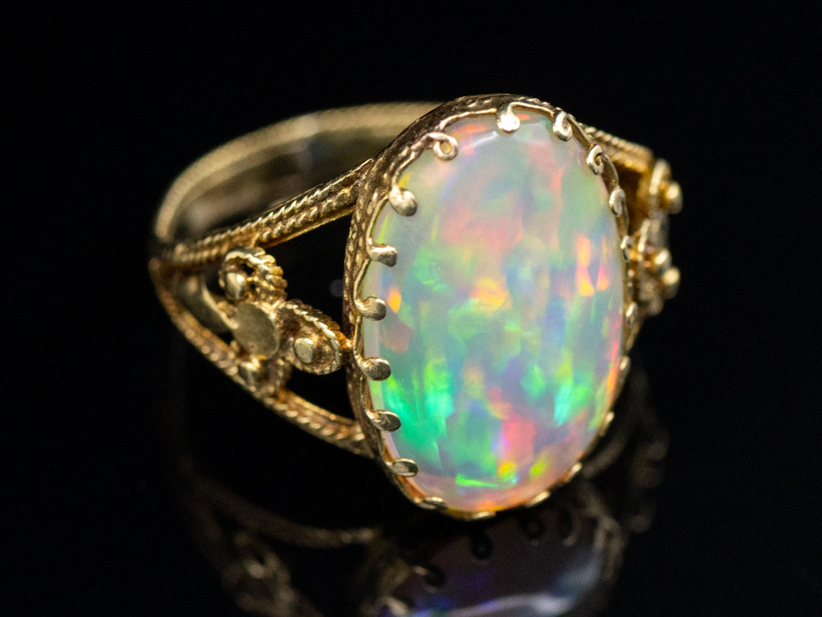 Vintage Opal Yellow Gold Split Shank Solitaire Ring