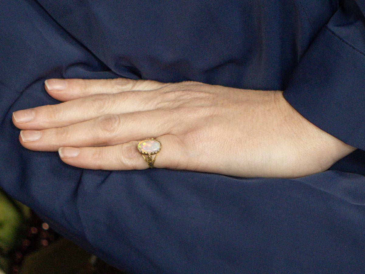 Vintage Opal Yellow Gold Split Shank Solitaire Ring