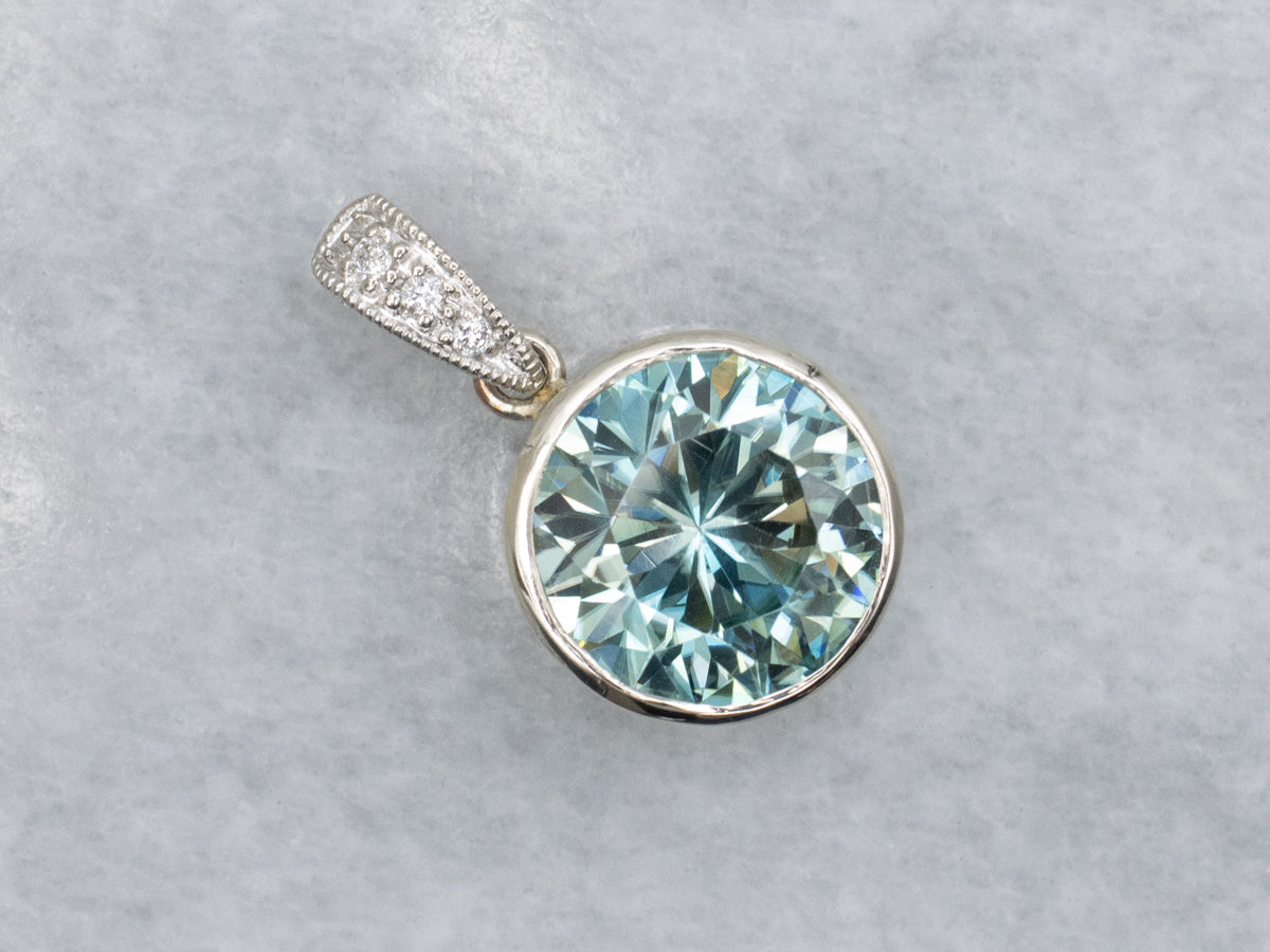 Modern Blue Zircon and Diamond White Gold Pendant
