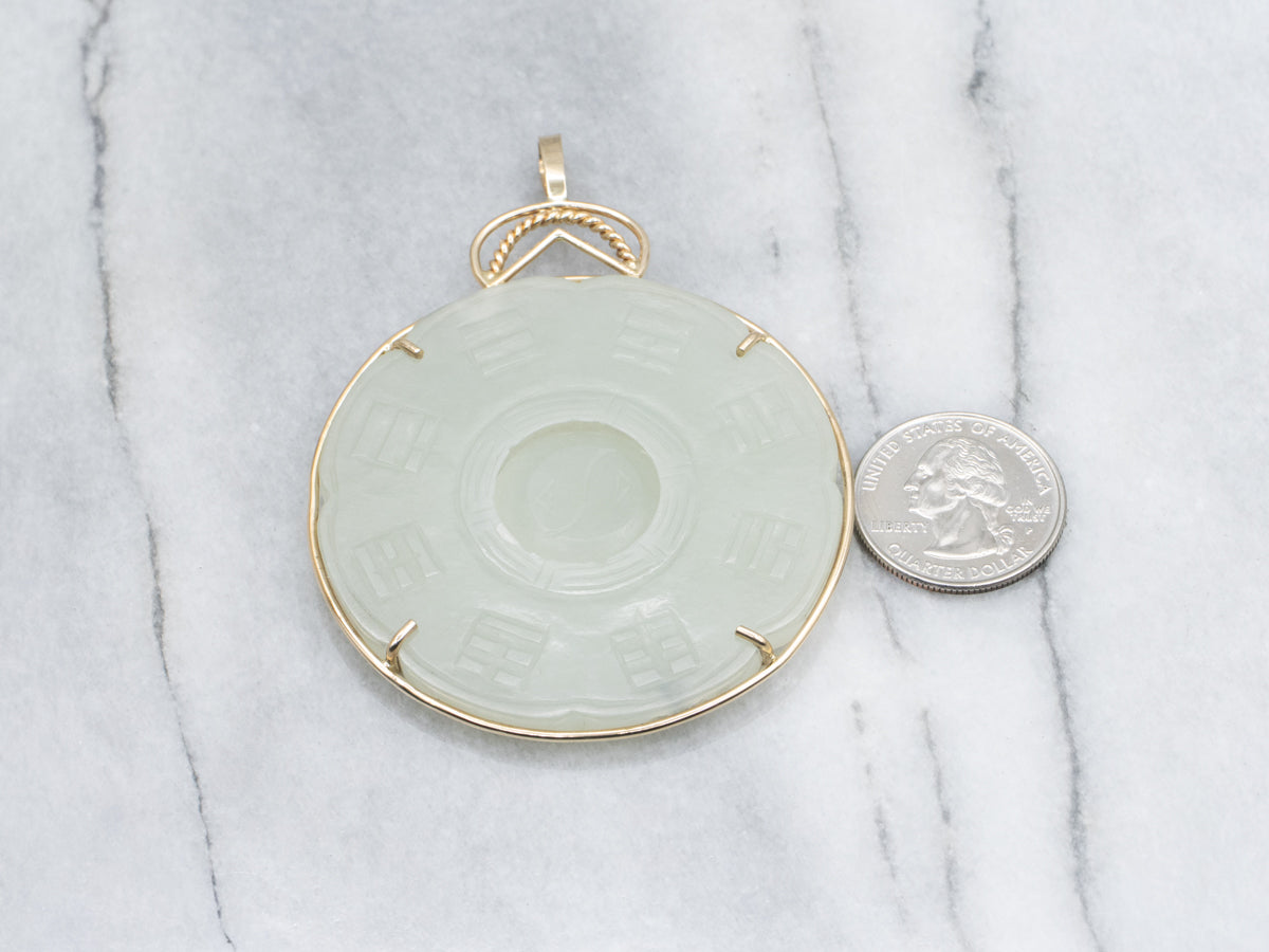 Chinese Carved Nephrite Jade Yellow Gold Bagua Pendant with Floating Yin Yang Center
