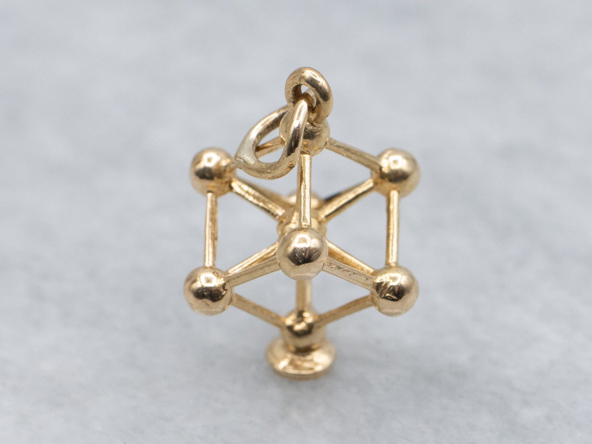 Atomic-Era Yellow Gold Cube Charm Pendant