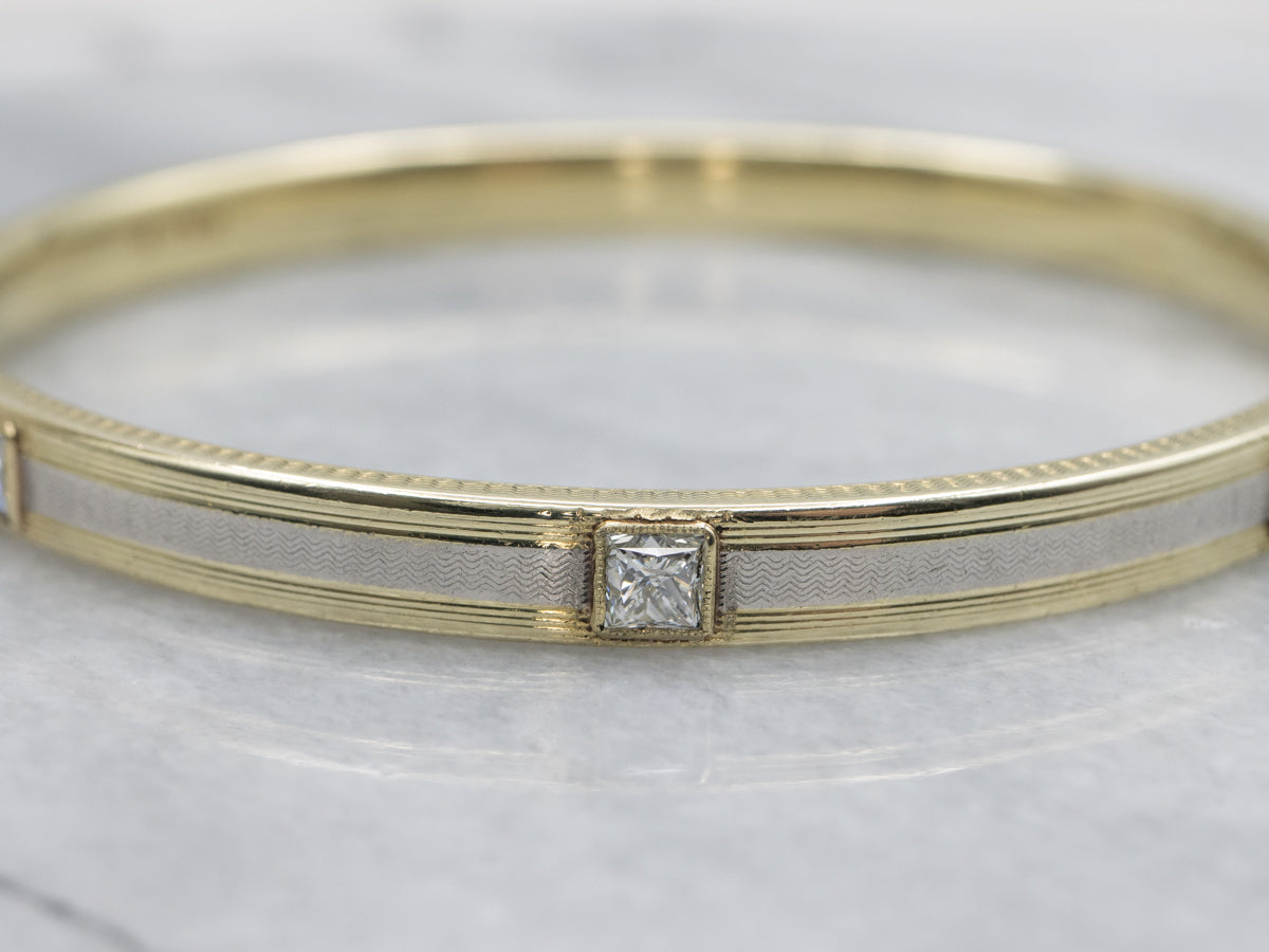 Vintage Etched Two-Tone Gold Princess Cut Diamond Bangle Bracelet