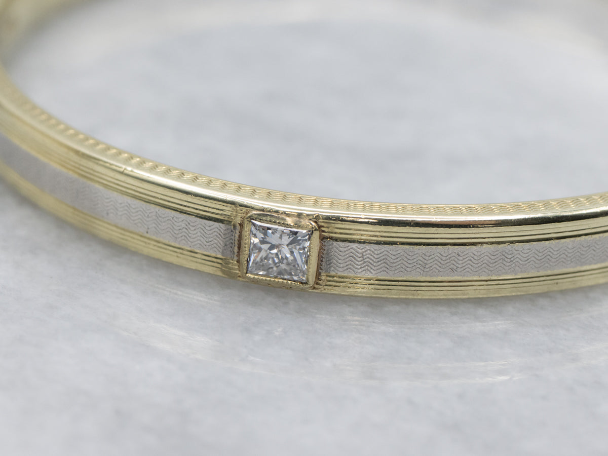 Vintage Etched Two-Tone Gold Princess Cut Diamond Bangle Bracelet