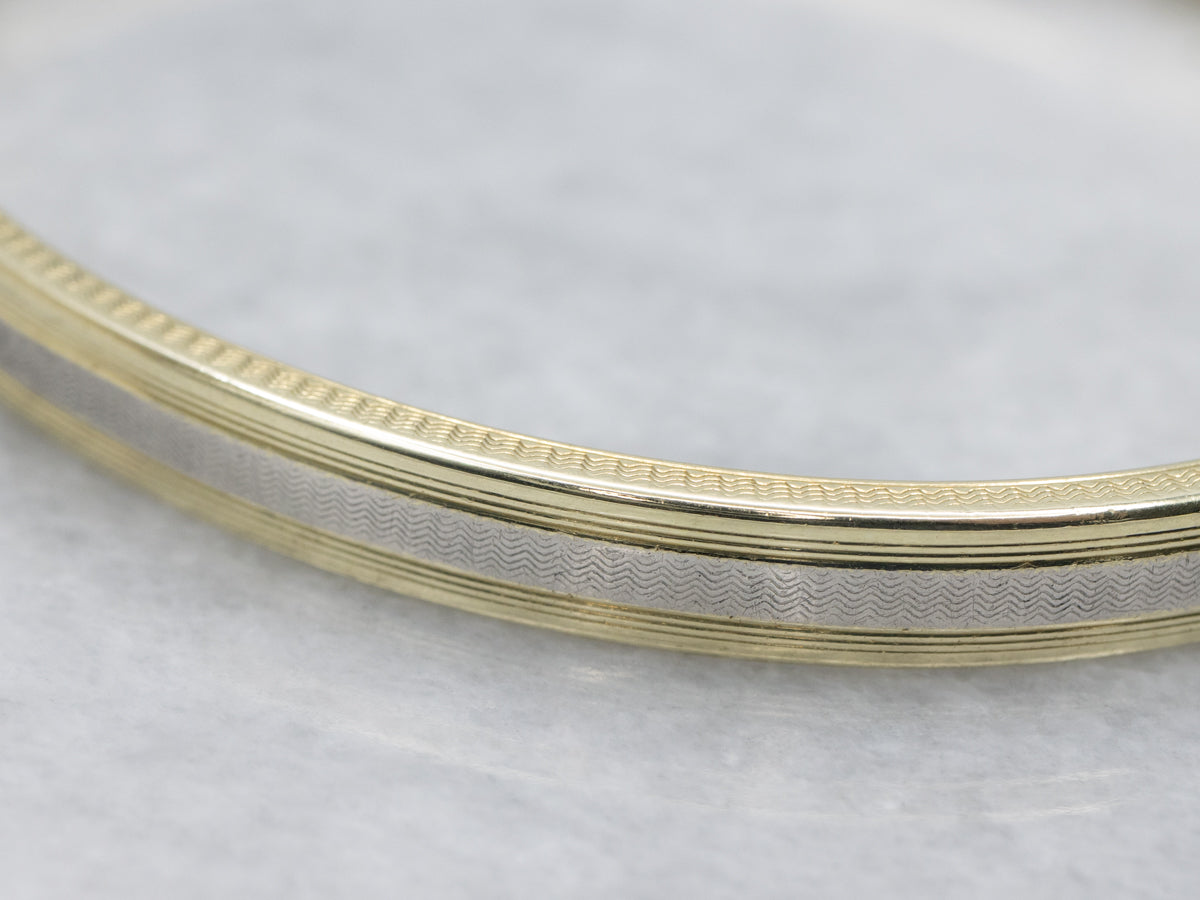 Vintage Etched Two-Tone Gold Princess Cut Diamond Bangle Bracelet