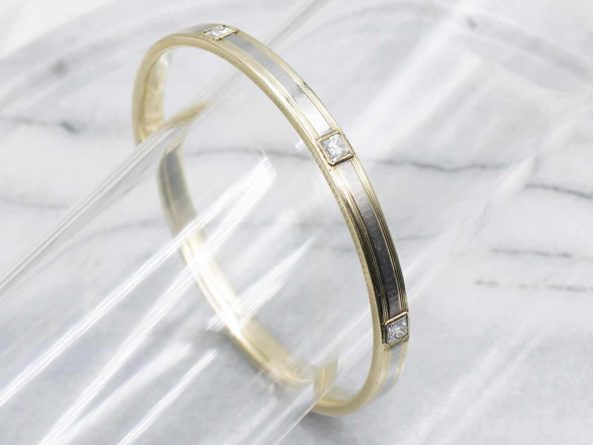 Vintage Etched Two-Tone Gold Princess Cut Diamond Bangle Bracelet