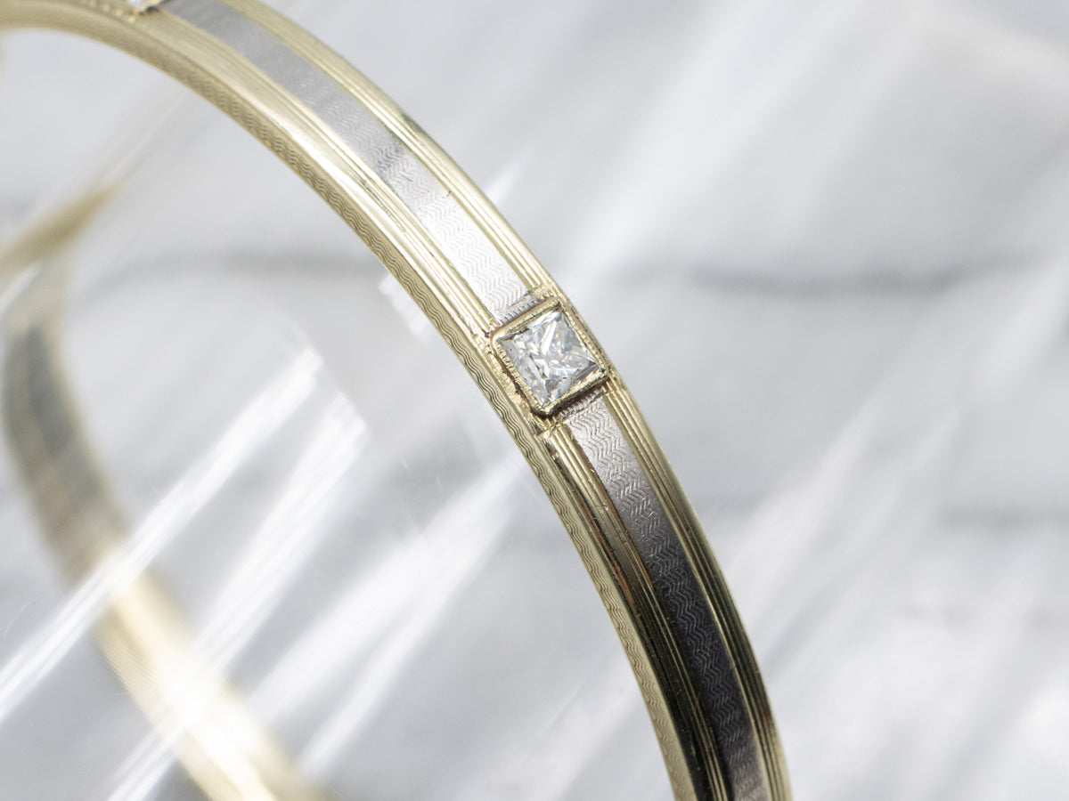 Vintage Etched Two-Tone Gold Princess Cut Diamond Bangle Bracelet