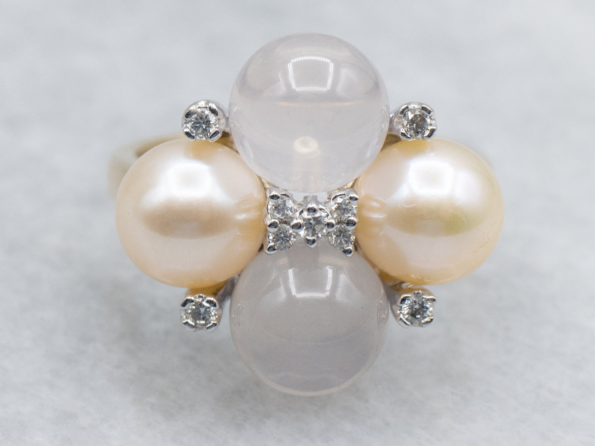 Vintage Rose Quartz and Champagne Pearl Cocktail Ring with Diamond Accents