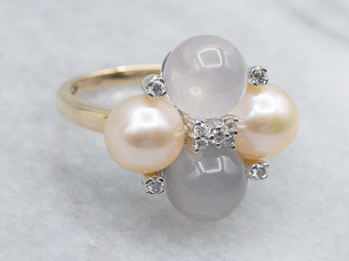 Vintage Rose Quartz and Champagne Pearl Cocktail Ring with Diamond Accents