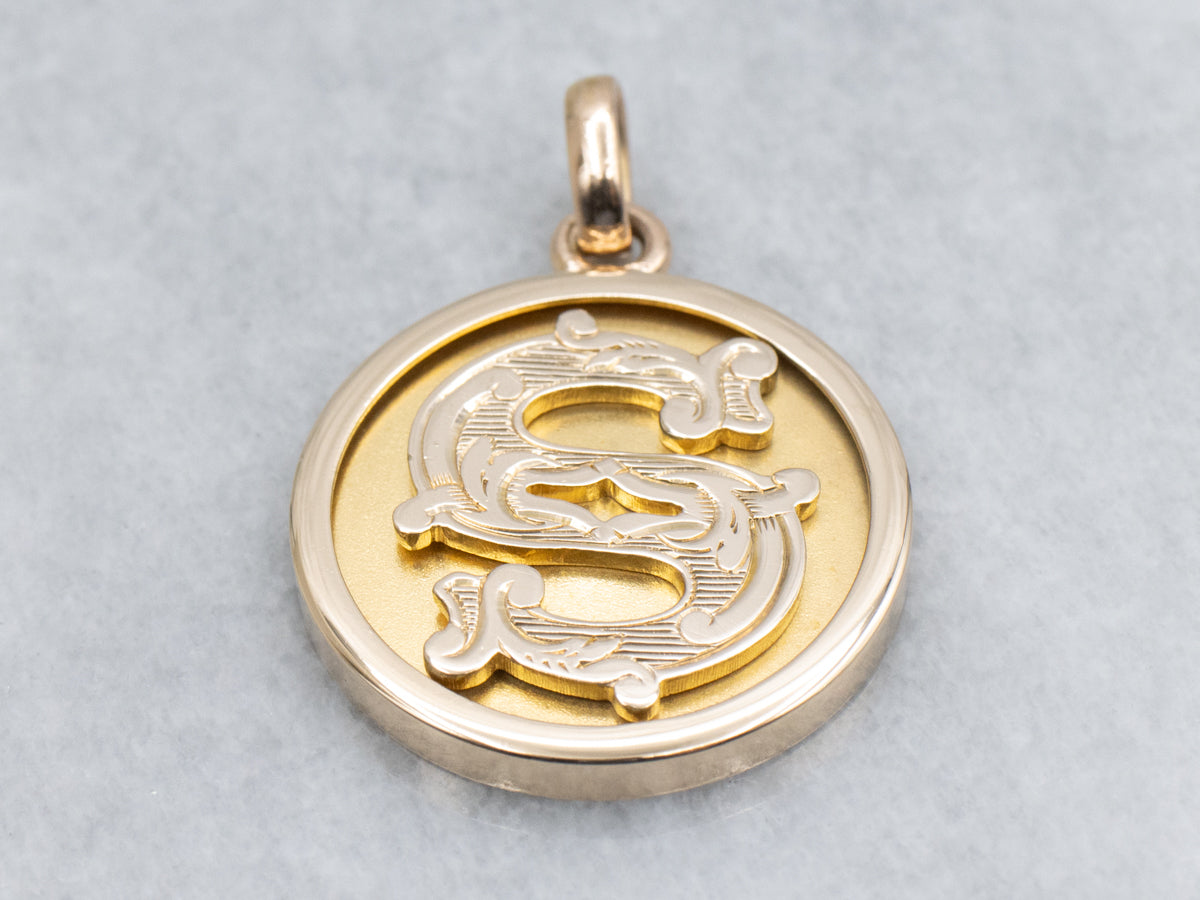 Antique Gold Ornate Initial "S" Disc Pendant
