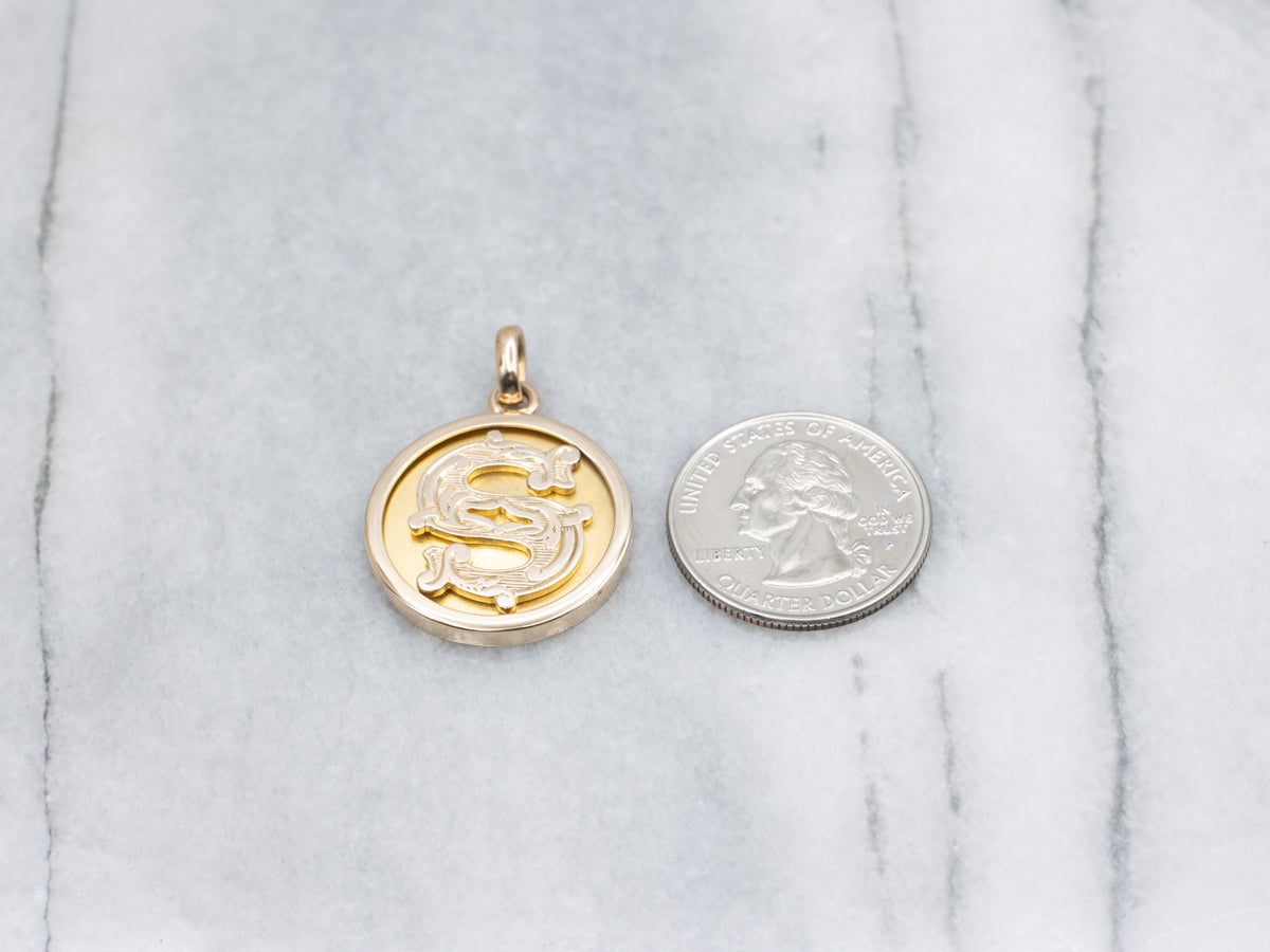 Antique Gold Ornate Initial "S" Disc Pendant