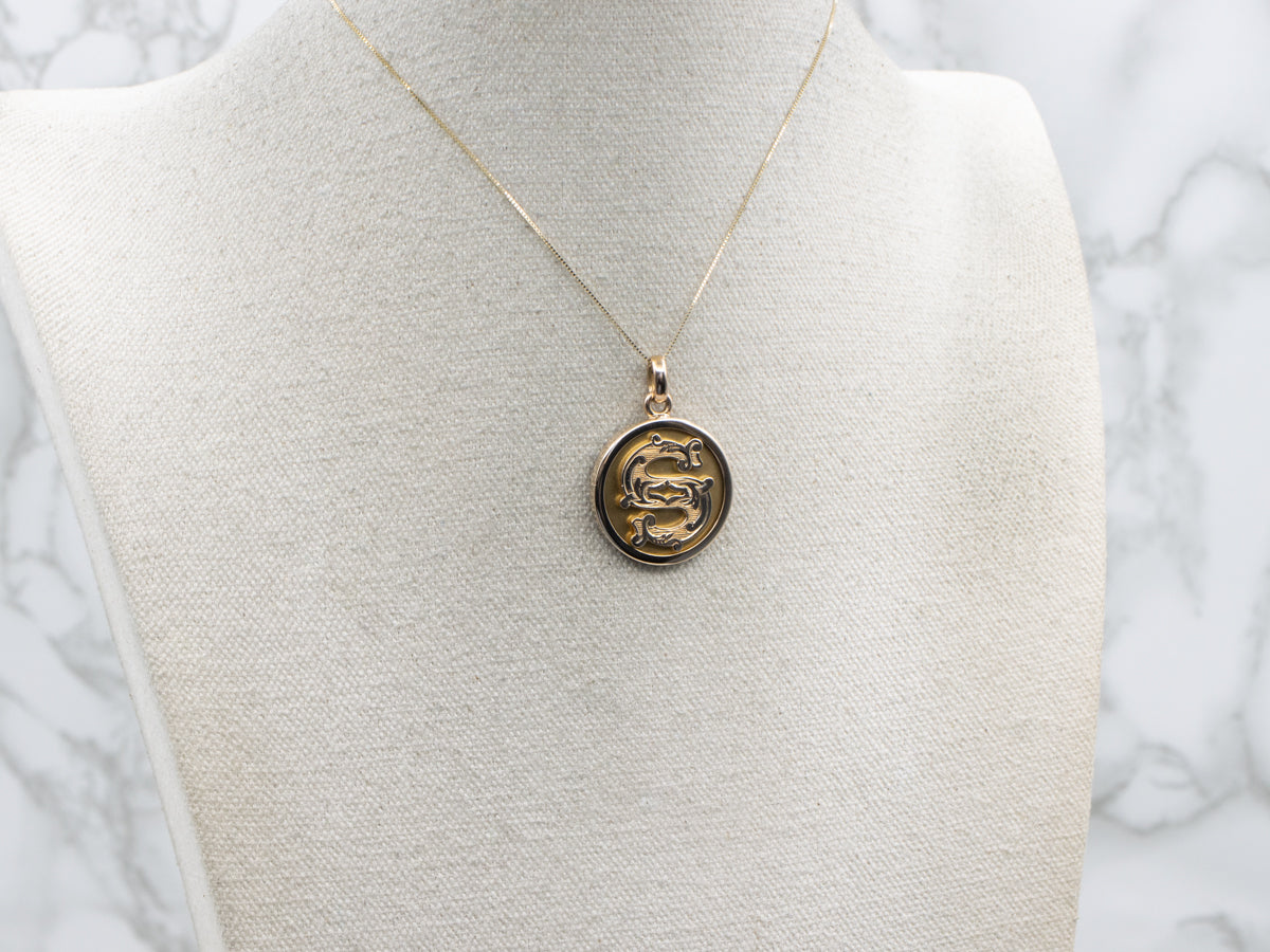 Antique Gold Ornate Initial "S" Disc Pendant
