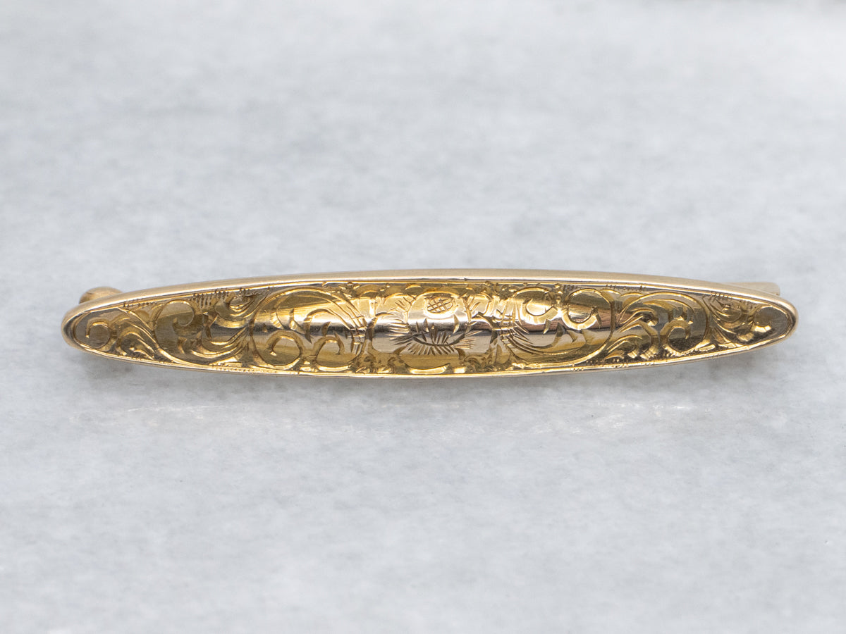Antique Gold Hand-Engraved Floral Pin