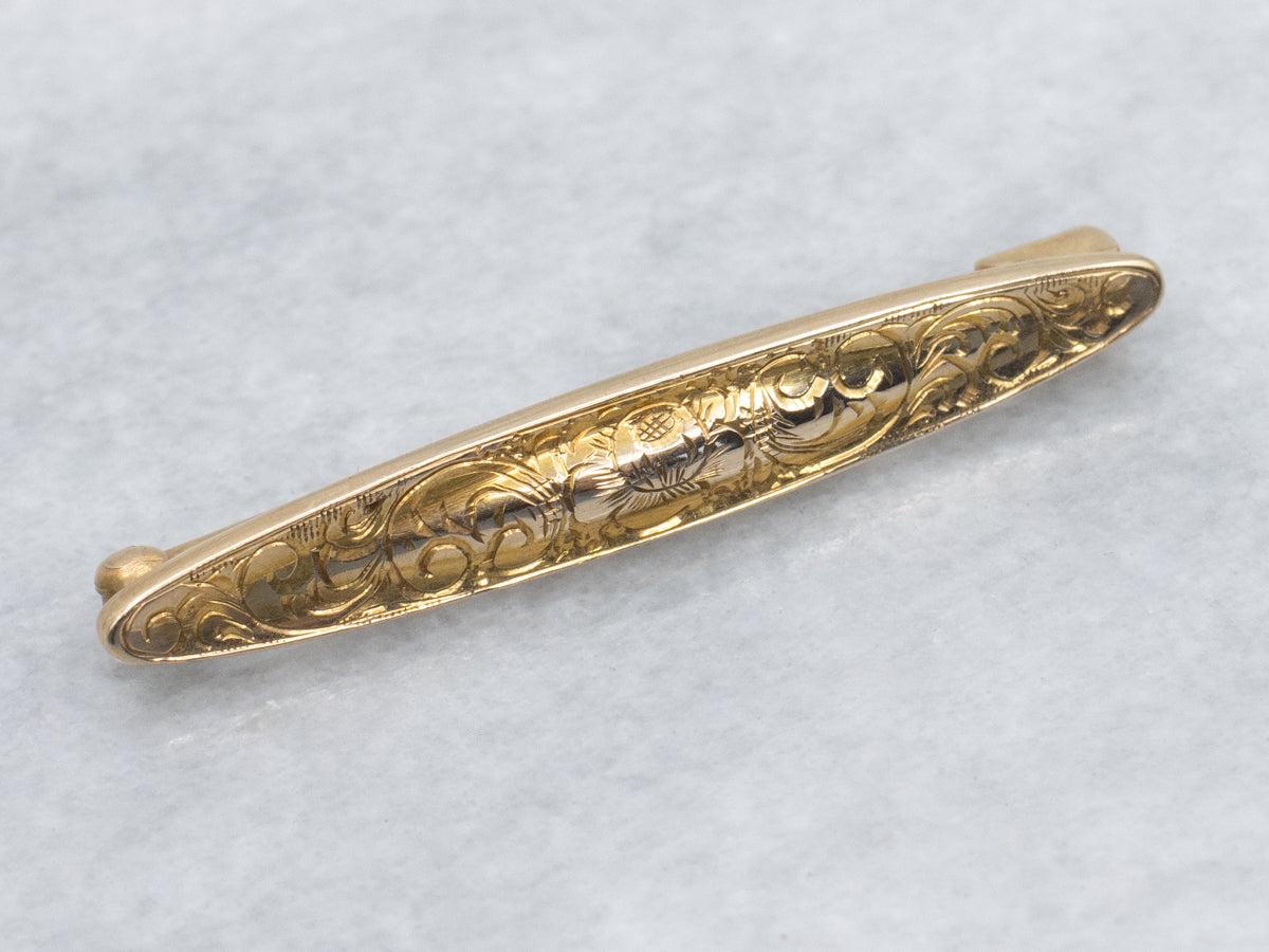 Antique Gold Hand-Engraved Floral Pin