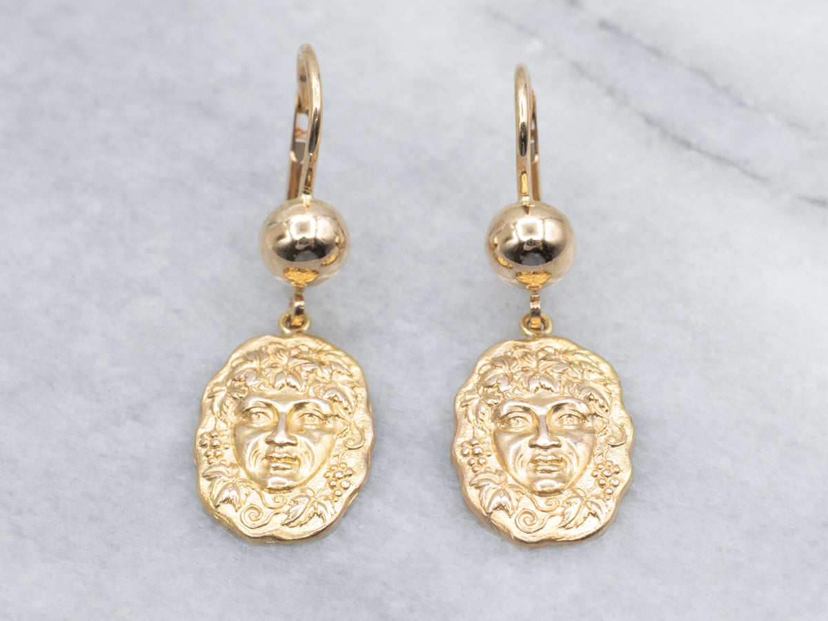 Bacchus God of Wine Gold Cufflink Conversion Drop Earrings