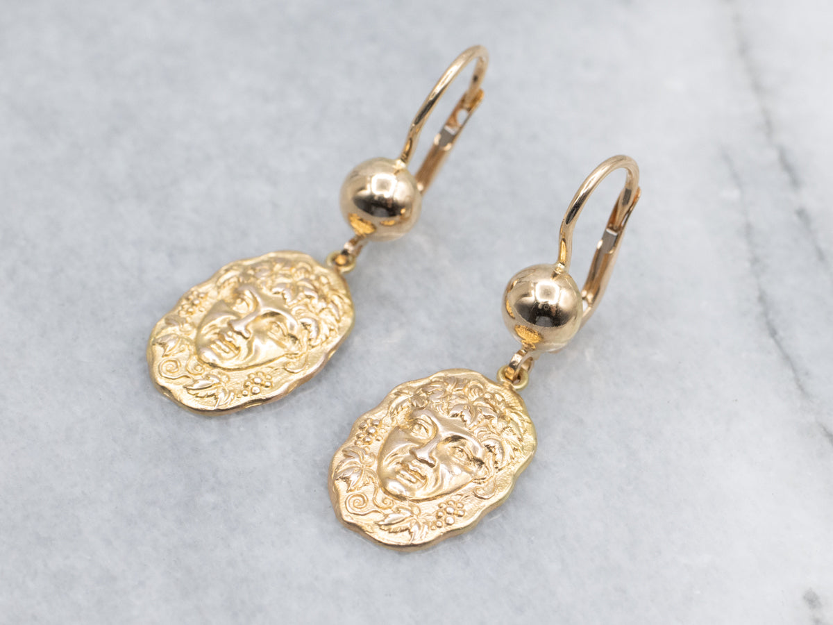 Bacchus God of Wine Gold Cufflink Conversion Drop Earrings