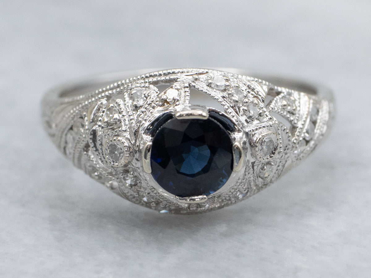 Navy Sapphire and Diamond Art Deco Era Ring