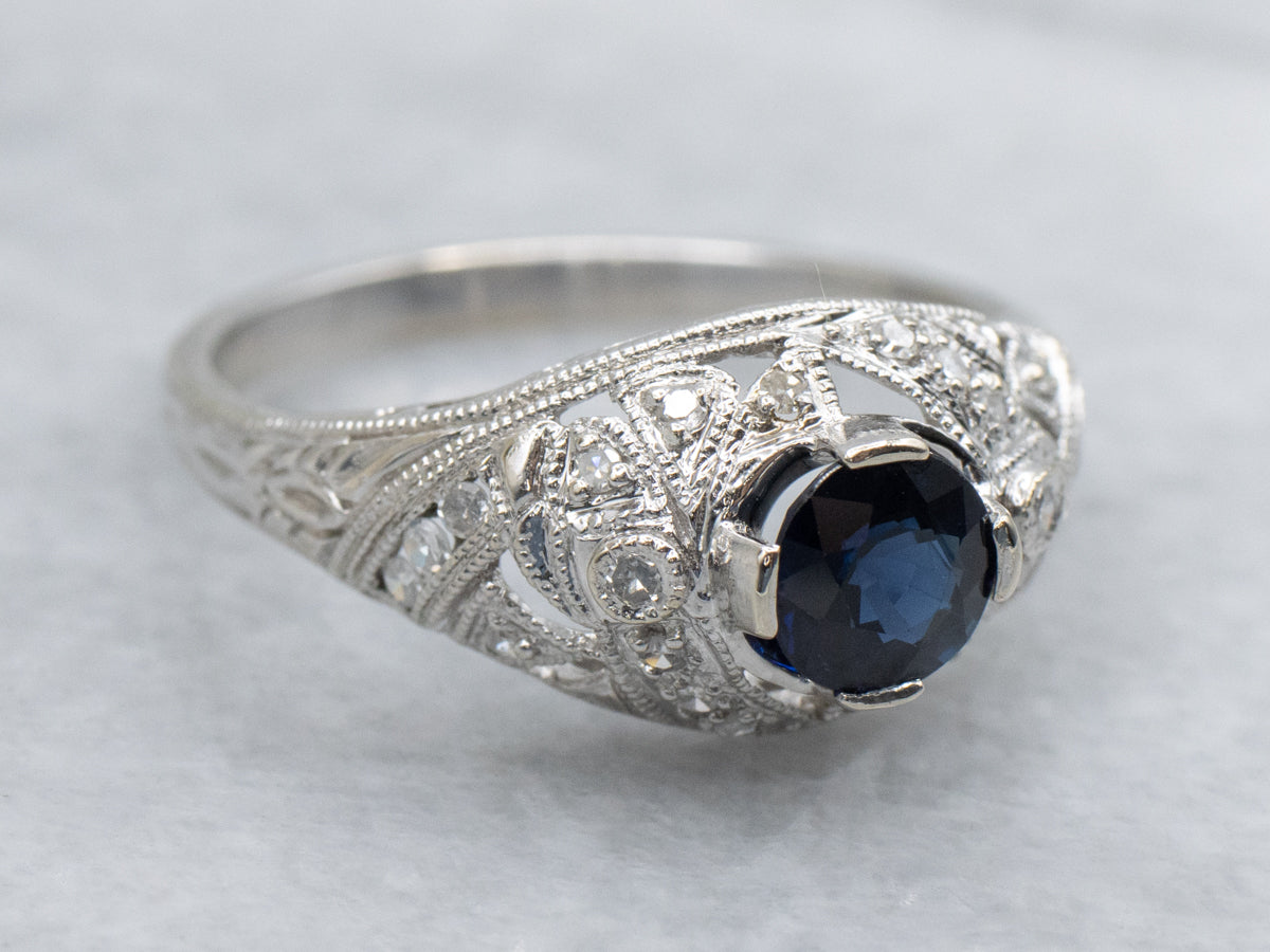 Navy Sapphire and Diamond Art Deco Era Ring
