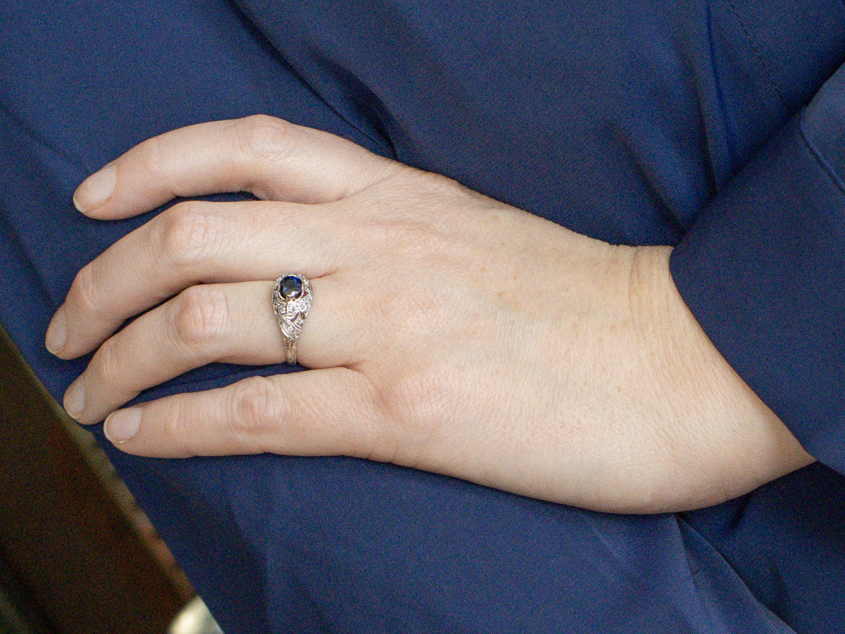 Navy Sapphire and Diamond Art Deco Era Ring