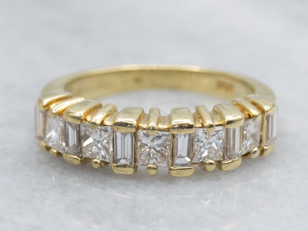 Baguette and Radiant Cut Diamond Yellow Gold Band