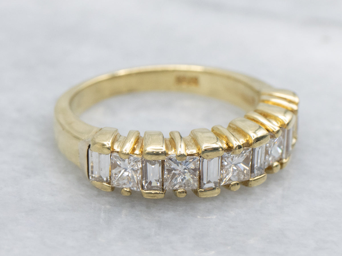 Baguette and Radiant Cut Diamond Yellow Gold Band