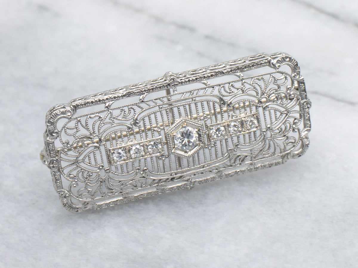 Diamond Filigree White Gold Art Deco Era Pin