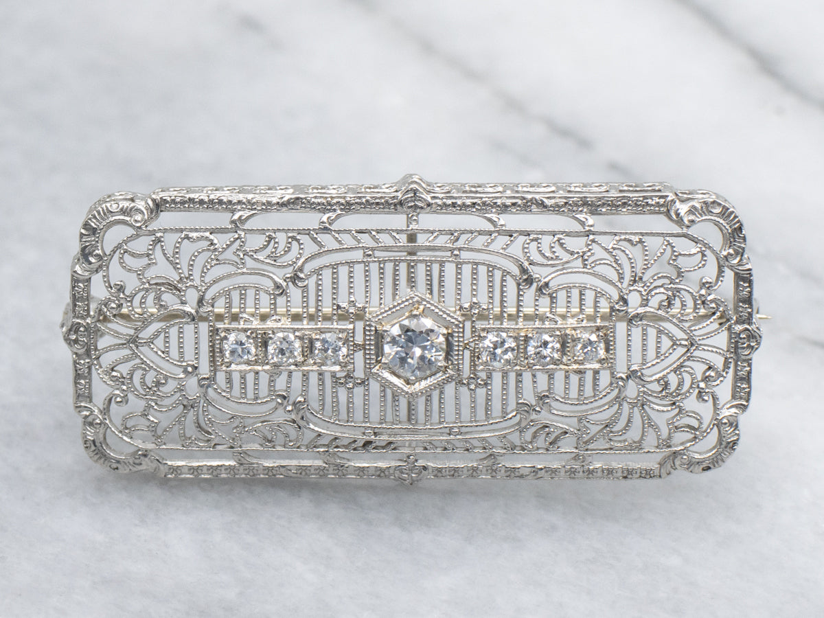 Diamond Filigree White Gold Art Deco Era Pin