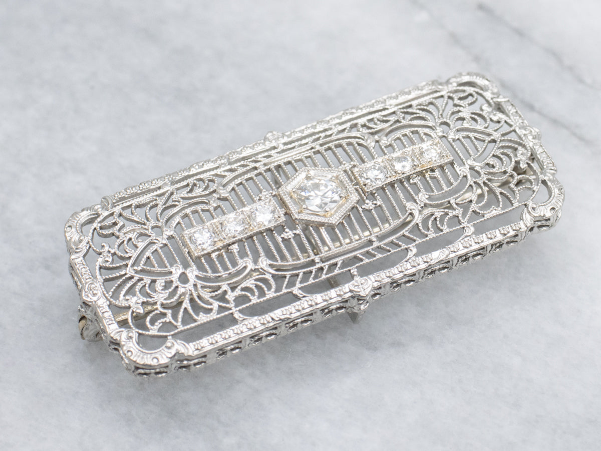 Diamond Filigree White Gold Art Deco Era Pin